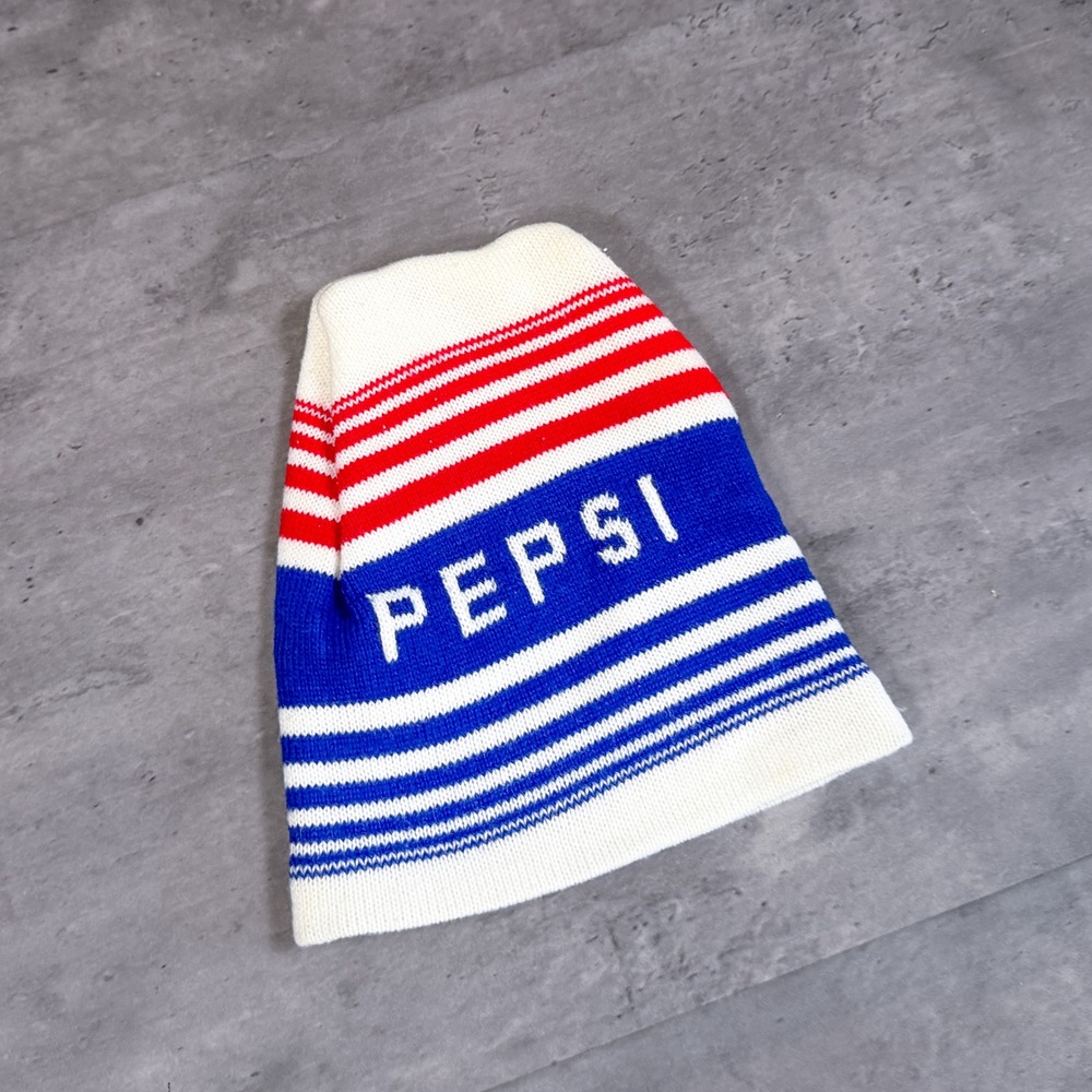 Vintage VTG 1980's 80's Pepsi Stripped White Skull Cap Skully Bennie Toque